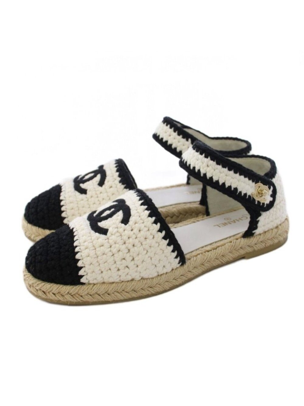 Chanel Espadrilles Sandals CC Logo Knit 39C White Black